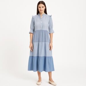 Blue White Seersucker Gingham Ruffle Tiered Prairie Cottagecore Maxi Dress S/M